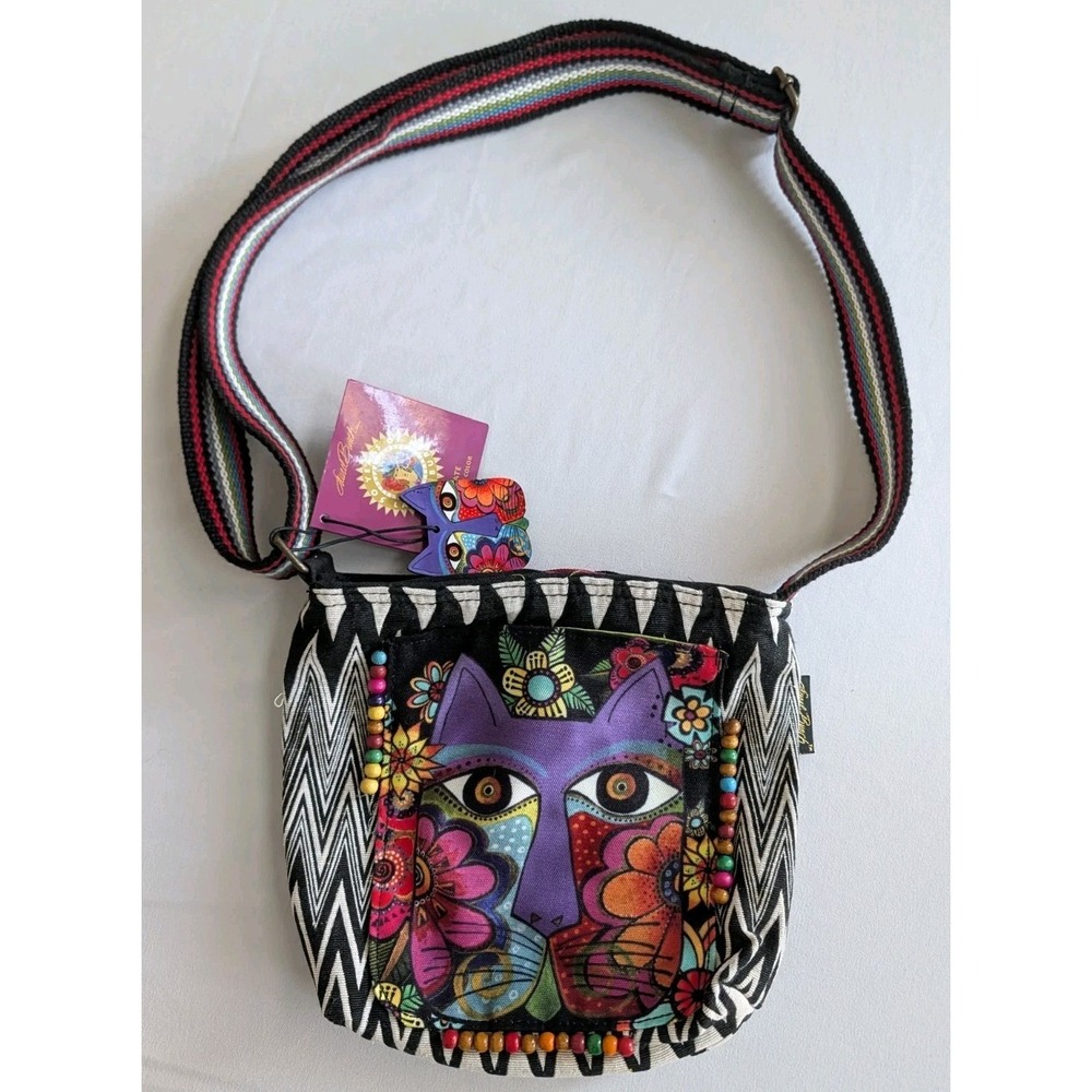 Laurel Burch Canvas Crossbody Bag Purple Floral Cat Beaded Tribal Zig Zag NWT